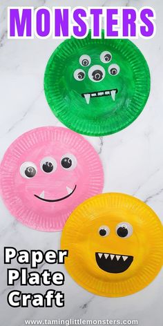 three paper plates with monster faces on them