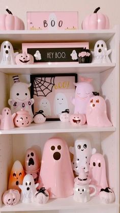 a shelf filled with lots of halloween decorations