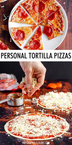 the process for making personal pizzas is shown in two different pictures, one being sliced into