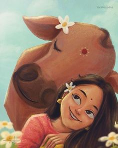 a painting of a girl hugging a cow with daisies in her hair and smiling at the camera