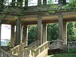 an old building with stairs leading up to the top and bottom floors that are covered in trees