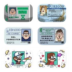 four cartoon id cards with different characters on them