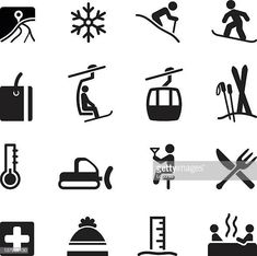 various black and white icons on a white background - skiing stock illustrations, clip art, cartoons, & icons