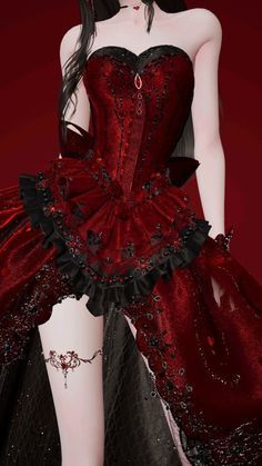 Red Black And White Dress, Black And Red Vampire Dress, Royal Corset Dress, Vampire Royalty Outfits, Red Assassin Outfit, Goth Dresses Formal, Vampire Outfit Women, Vampiric Outfits, Vampire Clothes Aesthetic