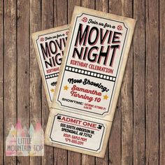 two movie ticket style birthday party printables on wooden background with text that reads move night