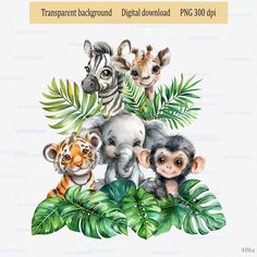 watercolor jungle animals digital clipart with palm leaves and giraffes on white background