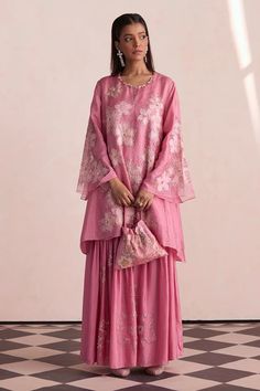 Rose pink silk kurta with floral and beaded embroidery. Comes with sharara and a cotton slip. - Aza Fashions Pink Silk Palazzo Set With Intricate Embroidery, Pink Raw Silk Set With Floral Embroidery, Pink Silk Sets With Dori Work, Designer Raw Silk Sharara With Floral Embroidery, Raw Silk Pink Sharara With Intricate Embroidery, Pink Raw Silk Sharara With Intricate Embroidery, Pink Art Silk Kurta With Intricate Embroidery, Pink Silk Sets With Intricate Embroidery, Designer Silk Sharara With Floral Embroidery