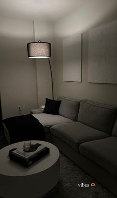 a living room with a couch, coffee table and lamp in the dark night time