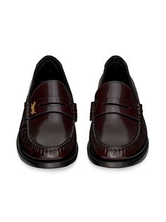 Find SAINT LAURENT Le Loafers Penny Slippers In Smooth Leather on Editorialist. Penny loafers with leather sole, decorated with the Cassandre and featuring a Saint Laurent embossed back tab. Leather sole Total heel height: 1.5 cm / 0.6 inches Cassandre in officer gold-tone metal. Saint Laurent. Color: Dark Bordeaux. Size: 4. Red Loafers, Leather Slippers, Winter Trends, Monogrammed Leather, Brown Shoe, Dream Shoes, Mens Fashion Shoes, Casual Style Outfits, Penny Loafers