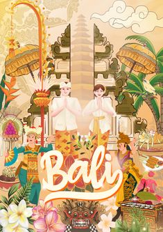 an advertisement for bali with people in the background