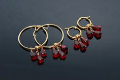 Pomegranate seed hoop earrings, Gold plated stainless steel Garnet Briolette Beads For Jewelry Making, Garnet Briolette For Jewelry Making, Red Garnet Dangle Earrings, Red Hypoallergenic Hoop Jewelry, Elegant Red Hoop Jewelry, Elegant Cranberry Jewelry For Gift, Teardrop Garnet For Jewelry Making, Elegant Cranberry Garnet Jewelry, Handmade Yellow Gold Garnet Jewelry