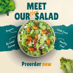 a salad with lettuce, carrots and other ingredients labeled in the words meet our new salad