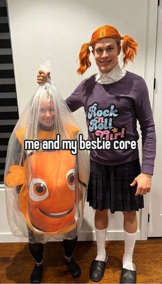 a girl holding a plastic bag with an orange fish in it and the caption reads, me and my bestie core