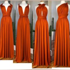 three different views of an orange dress