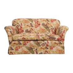 a couch with floral print on the back and arms, sitting in front of a white background