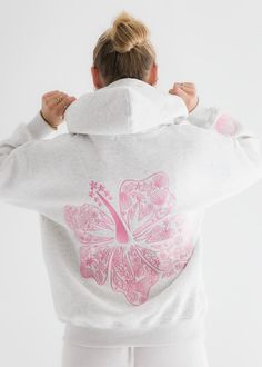 "Hawaii Hibiscus" Hoodie in Heather Cloud – Pink Palm Puff Preppy Embroidery, Hawaii Hibiscus, Aesthetic Hoodies, Yellow Hibiscus, Y2k Women, Heather White, Teen Girls, Oversized Sweatshirt