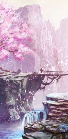 a painting of a bridge over a river next to a tree with pink flowers on it