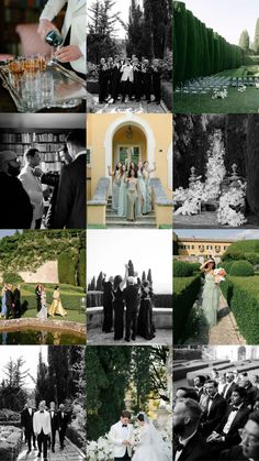 black and white wedding collage with bride and grooms in formal dress, champagne glasses