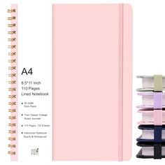 a4 spiral bound notebook with pink cover and black binding, lined in various colors