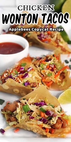 chicken wonton tacos on a plate with dipping sauce