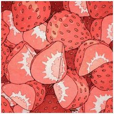 a pile of strawberries is shown in red and white