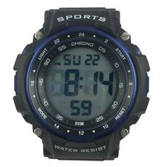 This men's adult sized digital watch is perfect for your outdoor activities with water resistancy up to 30 meters. It features a stop watch, a daily alarm, and a colored back light for easy reading in the dark. It also boasts a rugged design with a blue accent bezel. The overall length of the watch 10.04 inches x 2.01 inches wide x .63 inches high. Color: Black.  Gender: male. Black Outdoor Watch With Stopwatch, Functional Black Digital Watch For Outdoor Activities, Black Casual Digital Watch For Outdoor Activities, Outdoor Black Stopwatch Watch, Digital Watch With 10atm Water Resistance For Outdoor Activities, Durable Sporty Watches For Outdoor Activities, Sporty Outdoor Digital Watch With 10atm Water Resistance, 10atm Water Resistant Digital Watch For Outdoor Activities, Outdoor Digital Watch With 10atm Water Resistance