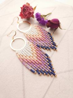 Unique Beaded Earrings, Bead Loom Earrings, Purple Fringe, Handwoven Earrings, Soft Gradient, Iris Purple, Homemade Earrings