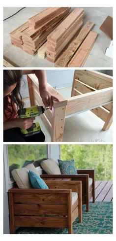 the steps to make a bench out of pallet wood are shown in three different ways