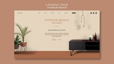 the landing page for interior design studio is displayed on a desktop computer screen, next to a potted plant