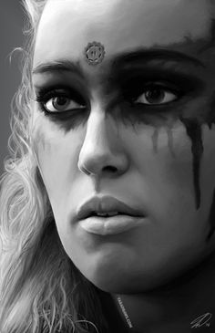 a drawing of a woman with makeup on her face and eyes painted in black and white