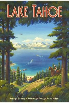 the cover of lake tahoe is shown with trees and mountains in the foreground