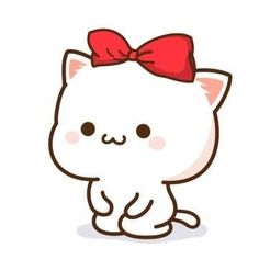 a white cat with a red bow on its head