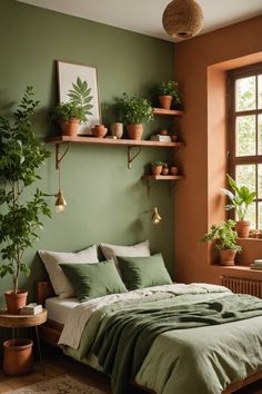 a bedroom with green walls and plants on the shelves