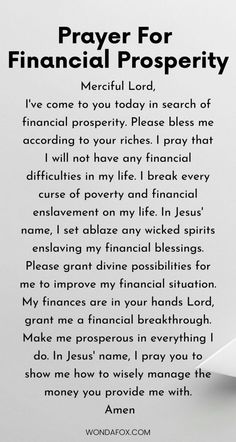 a piece of paper with the words prayer for financial prosperity