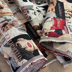 the fabric is covered in many different images