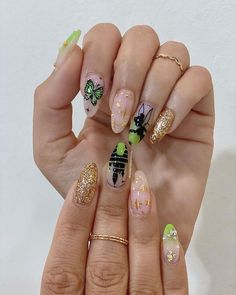 Tinker Bell Nails Designs, Tinkerbell Inspired Nails, Tinker Bell Nails, Tiana Nails, Nail Tricks