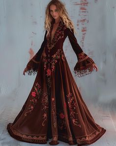 AW girly style suede dress c76f Feyre Archeron Dress, Hippie Formal Dress, Formal Boho Dress, Carmen Aesthetic, Boho Dress Formal, Velvet Outfits, Skirt Embroidery, Prairie Dresses, Long Skirt Fashion