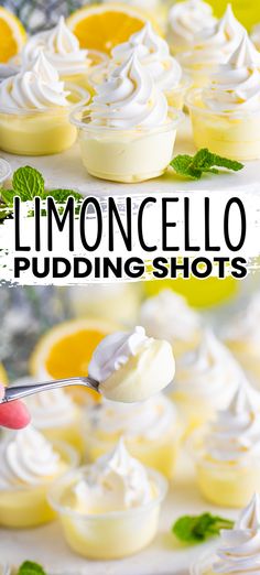 lemon pudding shots with whipped cream and fresh mint leaves on the rim, ready to be eaten