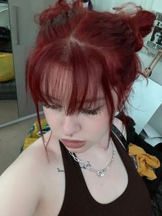 Red Hair And Fringe, Space Buns With Fringe, Short Red Hair Styles Hairstyles, Red Hair Color For Short Hair, Red Hair Bangs Aesthetic, Space Bun With Bangs, Red Hair On Short Hair, Hair Ideas For Light Brown Hair, Red Hair Space Buns