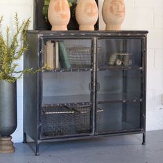 two vases sitting on top of a glass cabinet next to a potted plant