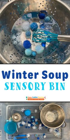 a metal sink filled with blue and white items next to a silver strainer full of snowflakes