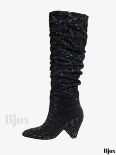 Bjux - Stylish PU Leather Knee High Boots for Women with Rhinestones Embellishments and Cone Heels in Classic Black Thigh High Boots Summer, Style Elegant Chic, Vintage Shoes Men, Cone Pattern, Spike Shoes, Knee Length Boots, Leather Knee High Boots, Groom Shoes, Black Knee High Boots