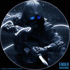 a man in a gas mask holding a knife and glowing blue eyes with the caption ender susscribe