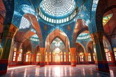 the inside of a large building with many windows and blue tiles on the ceiling,