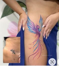 a woman's stomach with a bird tattoo on the side and an image of a flower