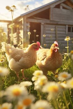 two chickens standing in the grass next to flowers and a building with a wooden roof