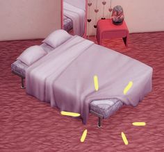 a bed sitting on top of a pink floor next to a mirror