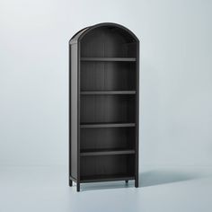 a black bookcase with an arched door on the front and bottom shelves, against a gray background