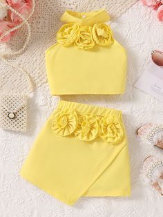 Yellow Cute Collar   Plain,Plants  Embellished Non-Stretch  Young Girls Clothing Kids Two Piece Outfits, Legging Court, Princess Outfit, 2piece Outfits, Crochet Baby Shoes Pattern, Cute Dress Outfits