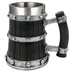 a black and silver beer mug with metal straps